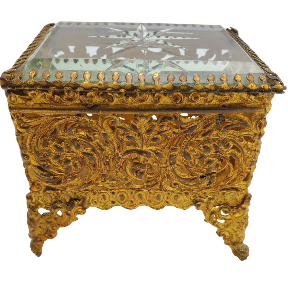 Ormolu Jewelry Casket Gold Filigree Beveled Glass Antique Trinket Box Royal Mfg